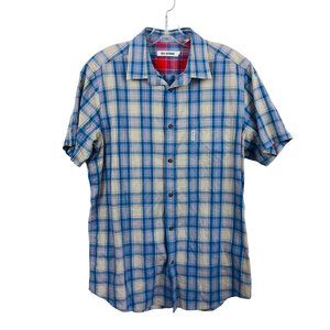 Ben Sherman Shirt Short Sleeve Button Up Large Plaid Blue Pink Preppy Quiet Luxu